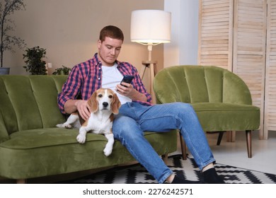 Young happy man text messaging on cell phone while sitting on the sofa with his dog.