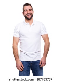 Young Happy Man In A White Polo Shirt On White Background