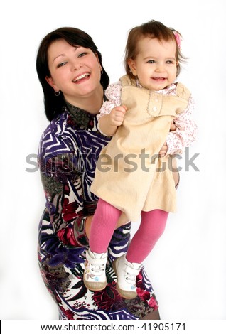 Young happy mother with baby on white background