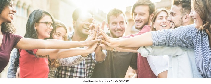 Young Happy People Stacking Hands Outdoor - Diverse Culture Students Celebrating Together - Youth Lifestyle, University, Relationship, Human Resorces, Work And Friendship Concept - Focus On Hands