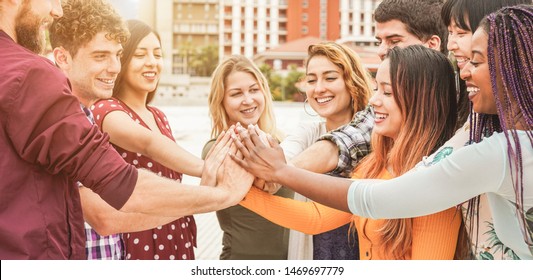 Young Happy People Stacking Hands Outdoor - Diverse Culture Students Celebrating Together - Youth Lifestyle, University, Relationship, Human Resorces, Work And Friendship Concept - Focus On Hands