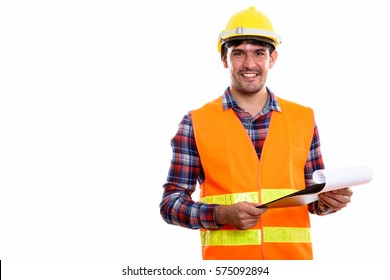 Young Happy Persian Man Construction Worker Smiling While Holding Clipboard