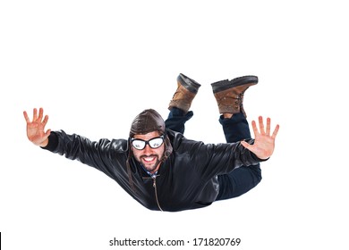 Young Happy Pilot While Free Falling - Isolated On White