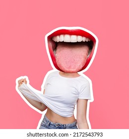 A Young Happy Ridiculous Woman Headed By Big Mouth Shows Tongue Grimacing And Pulling Up Her White T-shirt On Pink Color Background. Trendy Collage In Magazine Style. Contemporary Art. Modern Design