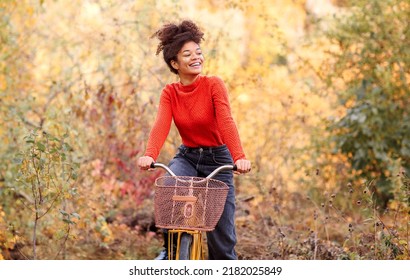 Young happy smiling african american woman riding bicycle in autumn forest, active positive mixed race female in casual clothes smiling at camera while standing with city bike in fall nature - Powered by Shutterstock