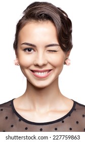 Young Happy Smiling Woman In Vintage Dress Isolated On White