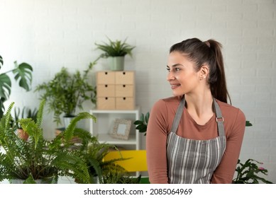 Young Happy Successful Woman Florist In Her Flowershop Surrounded With Flowers In Flowerpots Working Job She Love As Small Business Owner.