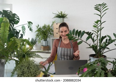 Young Happy Successful Woman Florist In Her Flowershop Surrounded With Flowers In Flowerpots Working Job She Love As Small Business Owner.