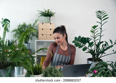 Young Happy Successful Woman Florist In Her Flowershop Surrounded With Flowers In Flowerpots Working Job She Love As Small Business Owner.