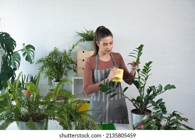 Young Happy Successful Woman Florist In Her Flowershop Surrounded With Flowers In Flowerpots Working Job She Love As Small Business Owner. Carefree Female Gardener Surrounded With Green Plants.