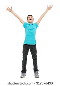 Young happy teen boy with  in casuals with raised hands up isolated on white background.