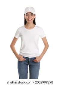 Young happy woman in cap and tshirt on white background. Mockup for design