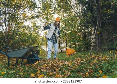 Young happy  woman collecting autumn leaves in the backyard of a country house using a rake and cart