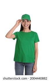 Young Happy Woman In Green Cap And Tshirt On White Background. Mockup For Design