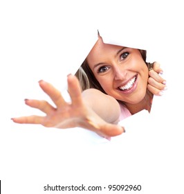 Young happy woman looking through the hole. Isolated over white background.