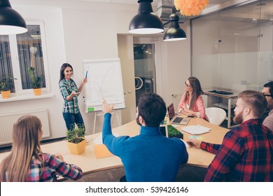 Young Happy Woman Presenting Her Idea To Colleagues At Meeting