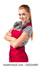 Young Happy Woman In Red Overalls , Isolated On White