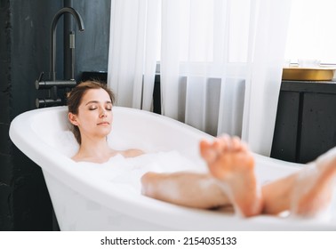 Young Happy Woman Taking Bath With Foam At Home, Treat Yourself