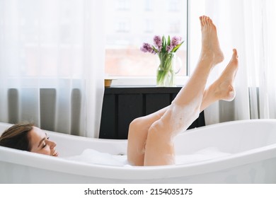 Young Happy Woman Taking Bath At Home, Treat Yourself