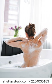 Young Happy Woman Taking Bath At Home, Treat Yourself