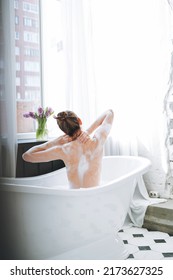 Young Happy Woman Taking Bath At Home, Treat Yourself