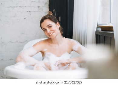 Young Happy Woman Taking Bath With Foam At Home, Treat Yourself