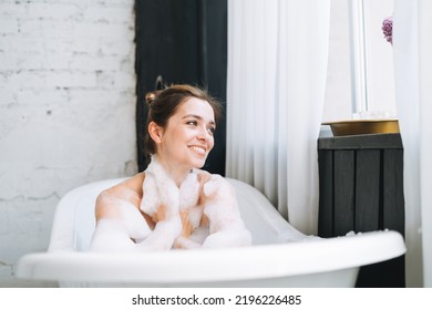 Young Happy Woman Taking Bath With Foam At Home, Treat Yourself