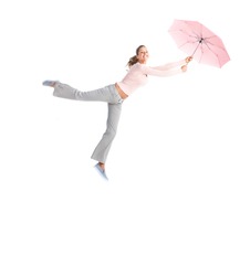 Jeune Femme Heureuse Avec Un Parapluie Volant. Isolé Sur Fond Blanc