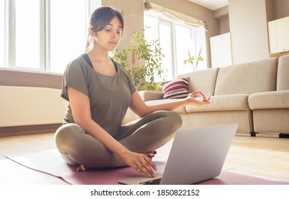 Young Healthy Indian Woman Meditating Watching Live Online Tv Pilates Class Tutorial Using Laptop Computer At Home Doing Yoga Virtual Training Fitness Workout Meditation Exercise In Apartment.