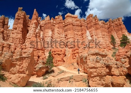 Young hiker looking the orange cliff wall of hoodoos in Bryce Canyon National Park, Utah 商業照片 © 