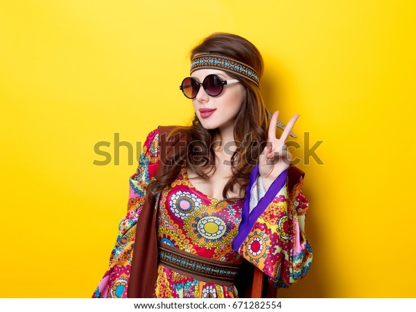 Young Hippie Girl Sunglasses On Yellow Stock Photo 671282554 | Shutterstock