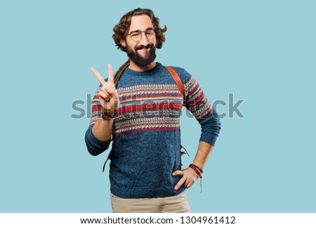 young hippie man victory sign