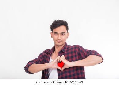 Young Hipster Asian Man On White Background And Hand Heart Shaped,Valentine Day