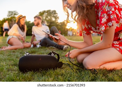 young hipster company of friends having fun together in park smiling listening to music on wireless speaker connecting to smartphone, summer style season
