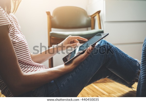 Young Hipster Girl Sitting On Floor Stock Photo Edit Now