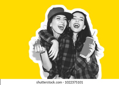 Young Hipster Girls Having Fun Drinking A Soda From Straw And Holding A Burger, Smile And Laugh On The White Background.