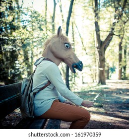 Young Hipster Horse Mask Woman Woodland Stock Photo 161970359 ...