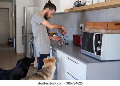 young hipster man making coffee at home kitchen with his pet dogs sitting by him - Powered by Shutterstock