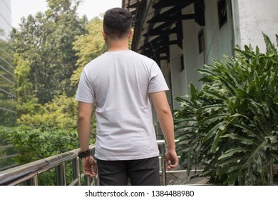 Young Hipster Man Wearing Heather Grey T Shirt In Back Side View In Out Door, Ready For Your Mock Up Template.