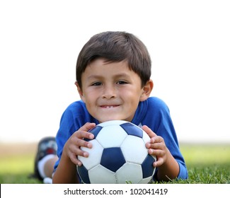 Young Hispanic Boy With Soccer Ball With Partial Isolation On White Background