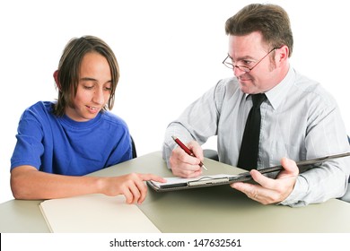 Young Hispanic Boy Talking With His Teacher Or School Counselor.  Isolated On White.  