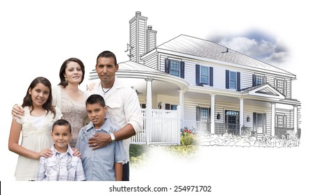 Young Hispanic Family Over House Drawing And Photo Combination On White.