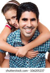 Young Hispanic Father Playing With His Beautiful Daughter Isolated On White