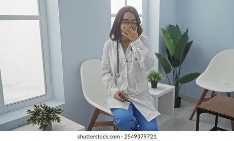 A young hispanic female doctor yawns in a hospital waiting room, showing signs of fatigue during her shift in a clean, modern clinic. - Powered by Shutterstock