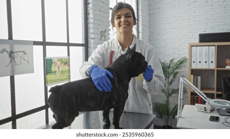 A young hispanic female veterinarian examines a french bulldog in a well-lit veterinary clinic, highlighting a professional indoor environment dedicated to animal care. - Powered by Shutterstock