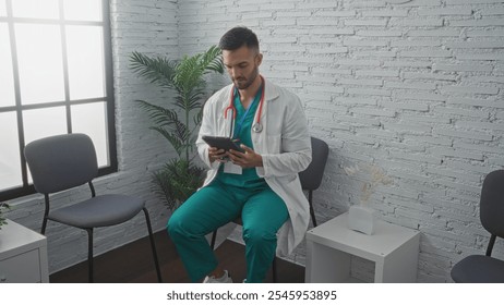 Young hispanic male doctor with beard sitting in a clinic waiting room using a tablet. - Powered by Shutterstock