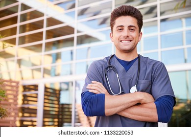 Young Hispanic Male Healthcare Worker Outdoors, Portrait