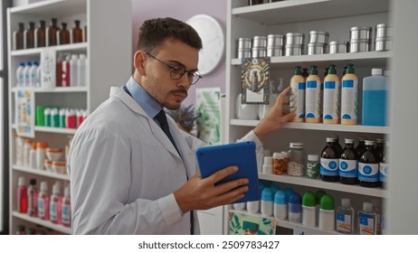 A young hispanic man with a beard is checking inventory on a digital tablet in a well-organized pharmacy store.