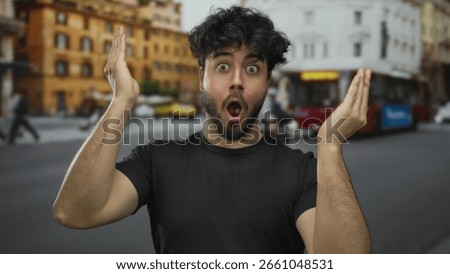 Young hispanic man with beard making funny faces on urban street with blurred buildings and traffic in background.