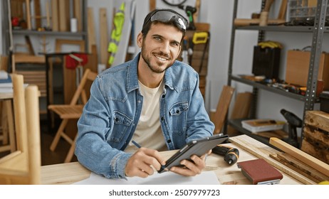 A young hispanic man with a beard wearing safety glasses and denim working with a tablet in a carpentry workshop. - Powered by Shutterstock